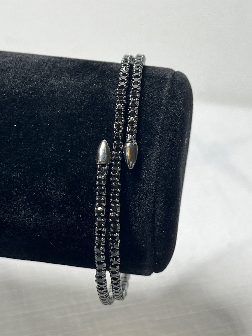 Black Crystal Wrap Bracelet with Silver-Tone Caps
